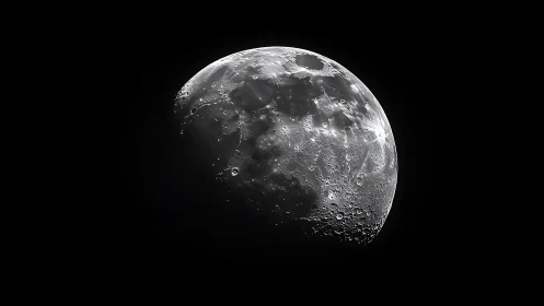 Lunar surface captured in detailed telescopic half-phase view