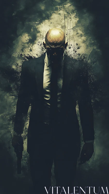 Shadow-clad gunman strides from exploding storm of darkness.