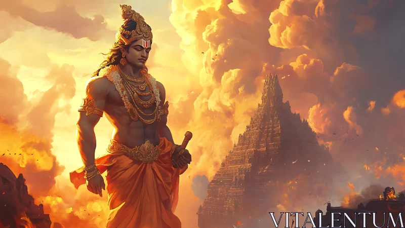 Mythic warrior in ornate armor before sunlit stepped temple clouds