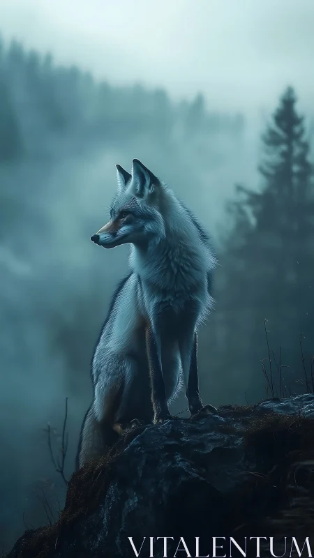 Silver fox on misted cliff in blue hour alpine forest