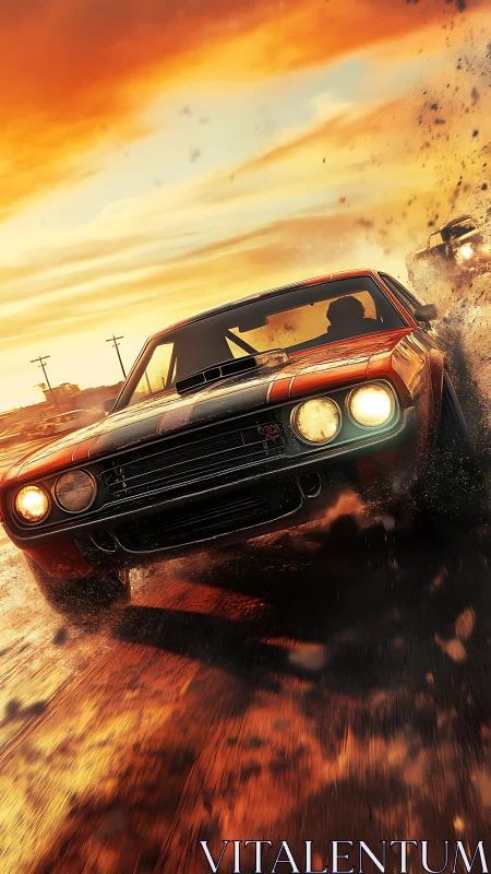 Muscle car powerslide through fiery sunset dirt track.