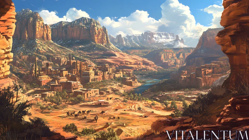 Sunlit desert canyon city rests beneath towering cliffs