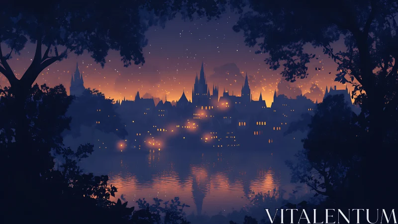Enchanted riverside city glows softly beneath a twilight sky