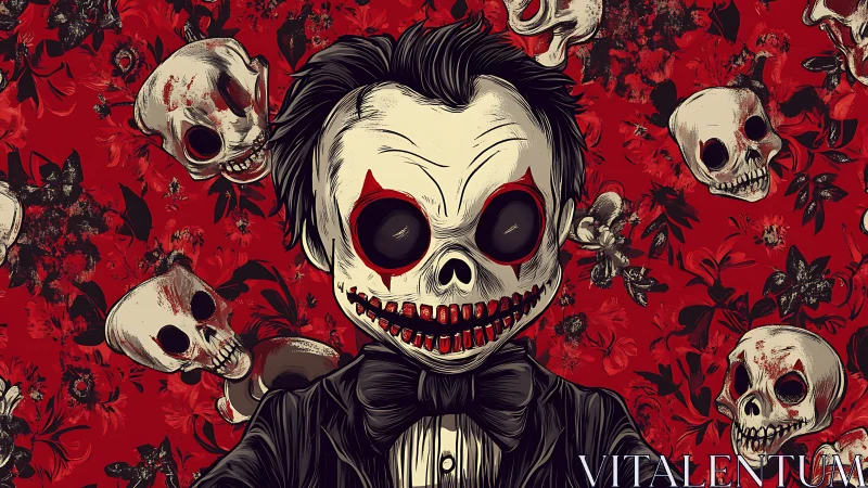 Elegant skull-faced figure grins amid blood-red florals