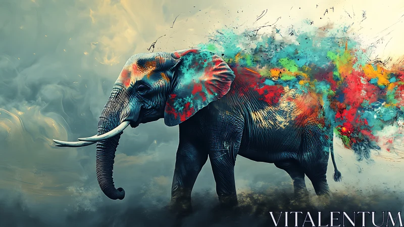 Chromatic thunder-elephant strides through exploding paintstorm.