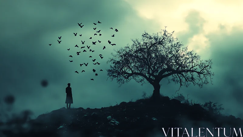 Solitary figure studies stormy sky beside barren tree