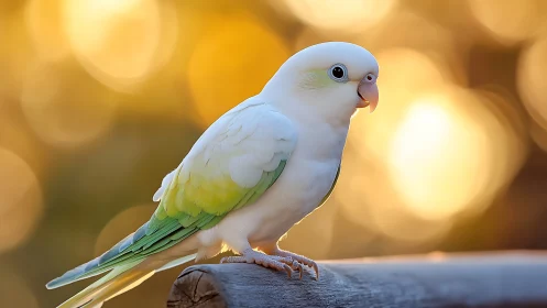 Beautiful pastel parrot perched on log in golden bokeh sunset.