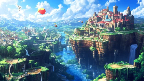 Expansive floating cliff city overlooks verdant river valley