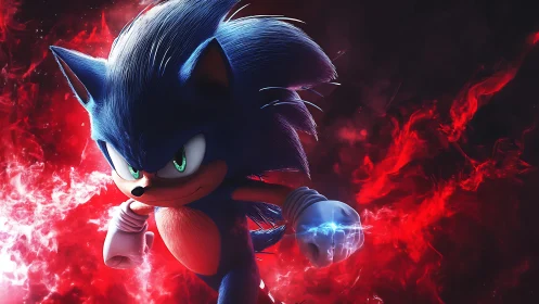 Blue anthropomorphic hedgehog in dynamic red energy field.