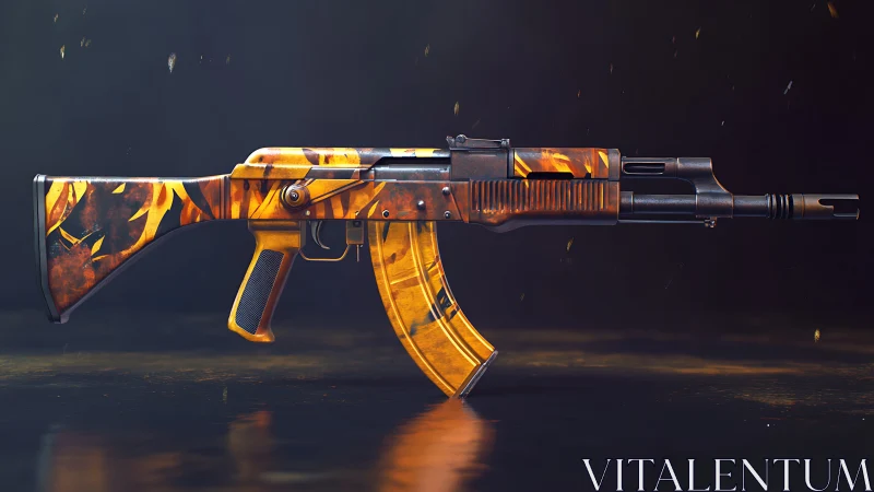 Tiger-Pattern AK Rifle with Procedural Fire Skin Texture. 3D Render.