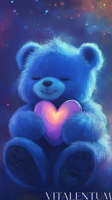 Starlit blue teddy cradling a glowing cosmic heart pillow.