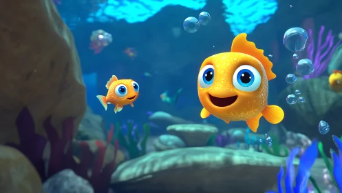 Bubbly baby goldfish explore a cartoon coral playground underwater.