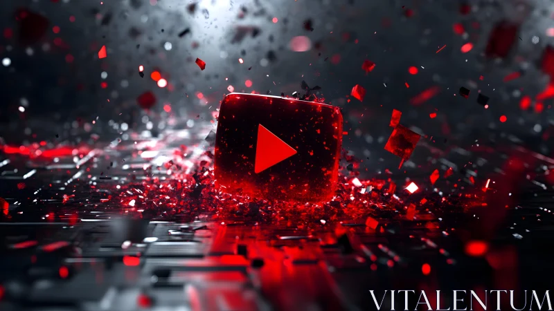 Exploding YouTube Play Button Icon in Futuristic Digital Style.