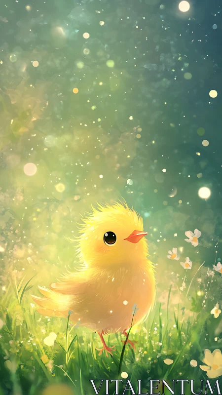 Backlit fluffy yellow chick in glowing spring meadow bokeh
