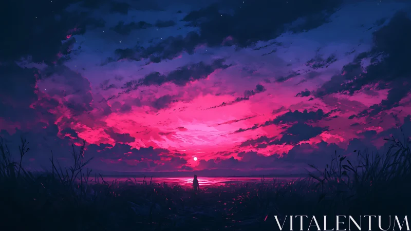 Solitary figure under neon magenta twilight sky over sea.