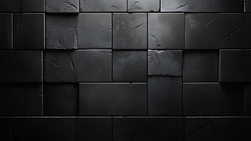 Shadowed black tile wall with cracked matte surfaces.