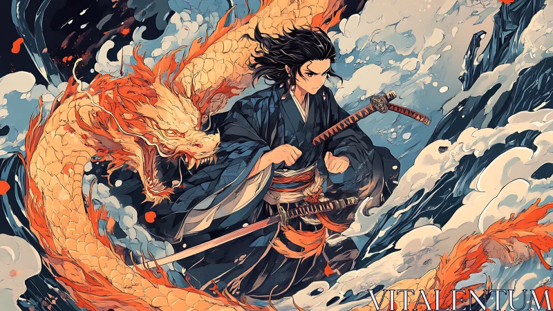 Samurai duelist commanding a fiery dragon stormscape.