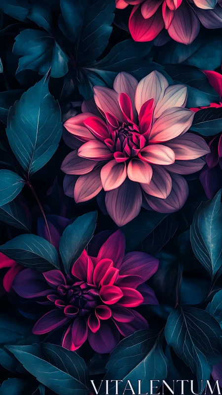 Neon Dahlias Against Deep Teal Foliage. Digital Botanical Study.