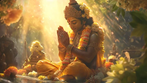 Golden robed deity sits in gentle prayer amid glowing flowers