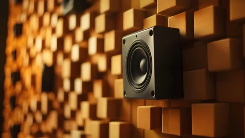 Modern speaker on geometric acoustic wall in warm lighting.