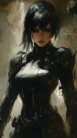 Cybernetic warrior stands in painterly shadows, poised to strike