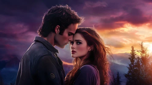 Cinematic Couple Portrait with Dramatic Sunset Atmosphere and Volumetric Lighting Effects
