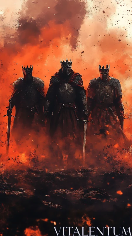 Three crowned warlords stride from the inferno&rsquo;s burning veil.