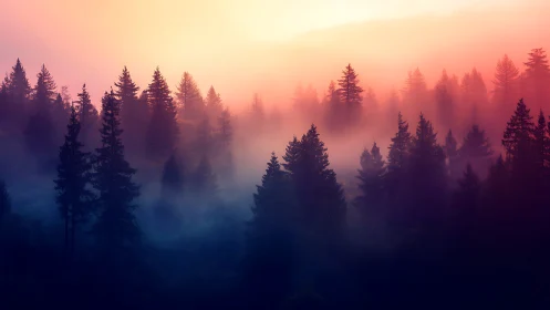 Misty forest at dawn glowing with pink and blue hues.