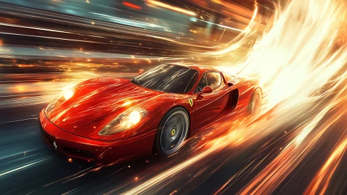 Scarlet supercar explodes through neon light trails at speed
