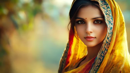 Portrait depicts young woman in yellow embroidered headscarf