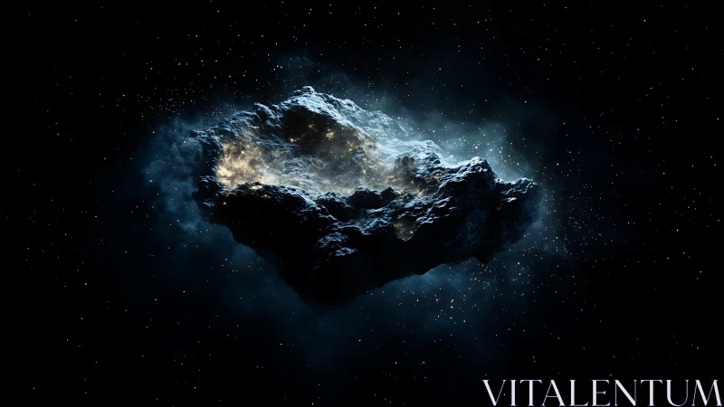 Rocky illuminated asteroid floating in deep outer space.