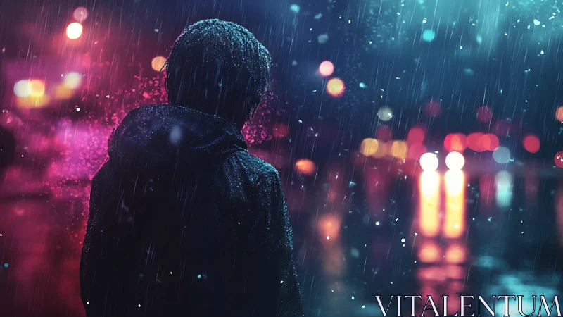 Backlit figure in neon rain with shallow depth and bokeh highlights