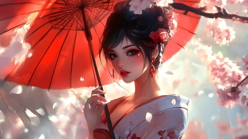 Geisha portrait under red parasol amid soft sakura bloom.