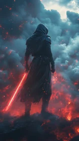 Hooded warrior holds red energy sword over fiery ground.
