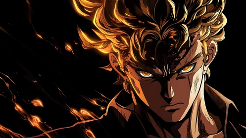 High-contrast anime portrait with dynamic flame lighting.