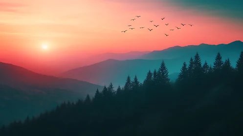 Dream-lit mountain dusk where forest shadows breathe light.