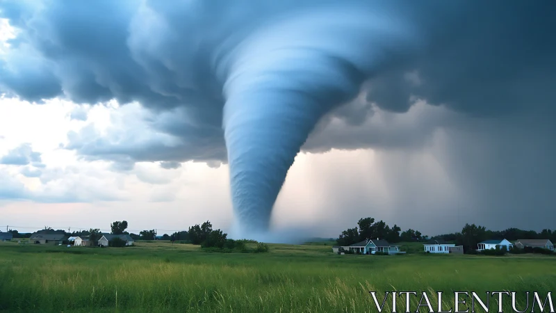 Powerful tornado spiraling above calm green countryside homes.