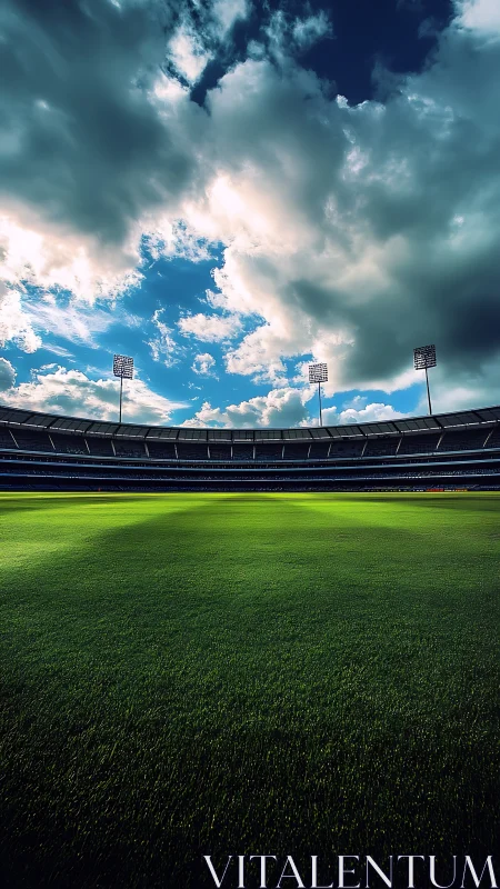 Panoramic sports arena under dynamic cumuliform skyscape.