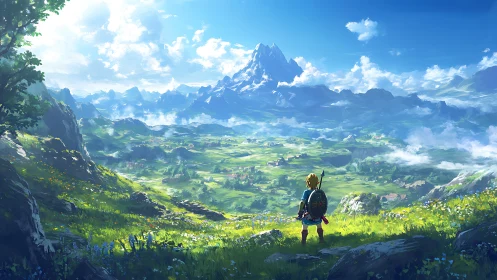 Young traveler gazes over a sunlit fantasy mountain valley.
