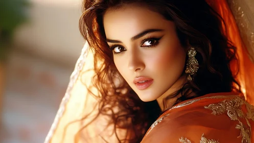 Portrait captures woman in ornate orange sari with luminous gaze