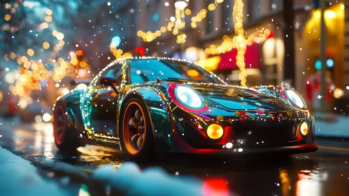 Sports car with festive lights on snowy city street at night.