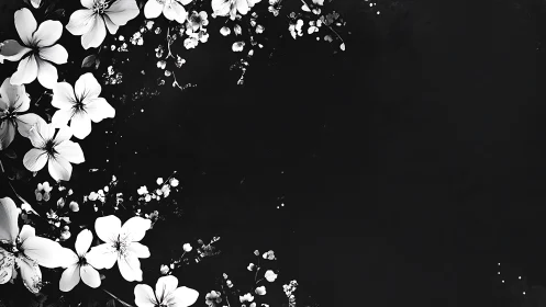 Black and white floral composition with scattered botanical elements