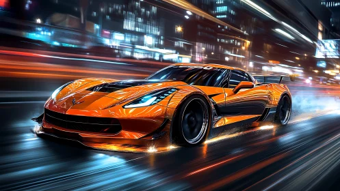 Orange race car on wet city street with motion blur lights.