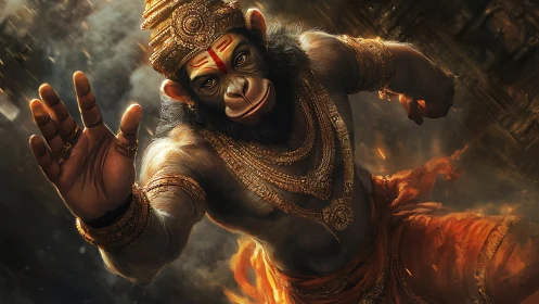 Divine simian warrior surges through swirling golden embers.
