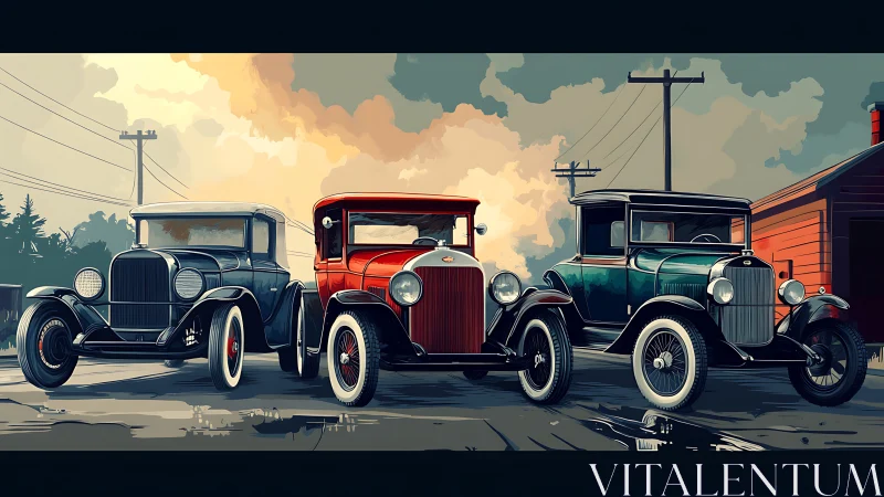 Triptych of vintage coupes under dramatized atmospheric lighting.