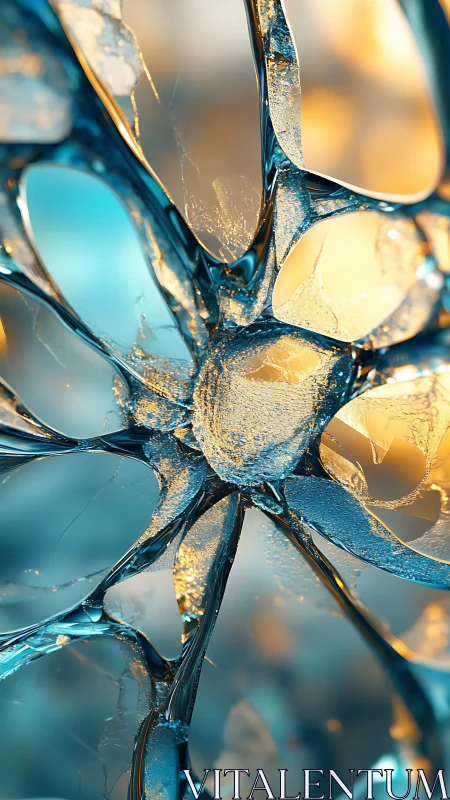 Shattered glass close up with teal and amber reflections.