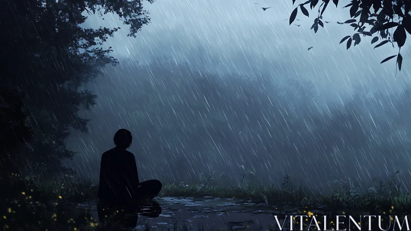 Solitary figure sits in rain beside reflective forest puddle