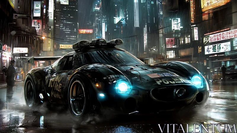 Futuristic police sports car in rainy neon city street scene.