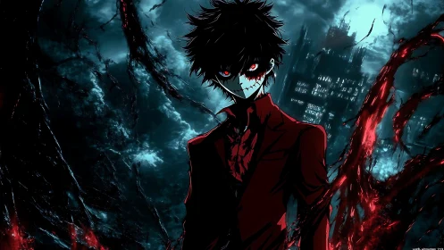 Sinister masked figure stands tall in a stormy, cursed city