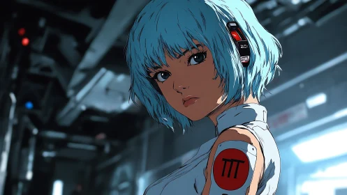 Cyan‑haired cyborg operative holds steady gaze in neon hangar
